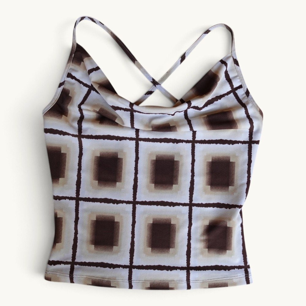 Vintage Y2K Forever 21 Geometric Cowl Neck Cami Top‎ Brown Cream Cross Back